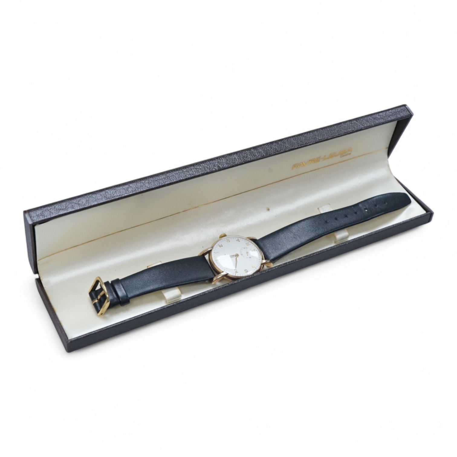 A gentleman's late 1940's 9ct gold Longines manual wind wrist watch, with Arabic dial and subsidiary seconds, case diameter 33mm, on a alter associated strap and buckle.